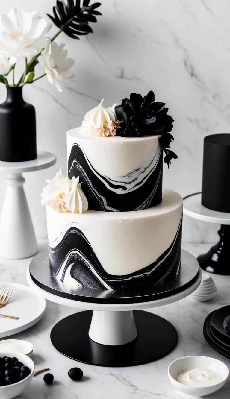 A black and white marble cake sits on a sleek, modern cake stand, surrounded by elegant black and white decor