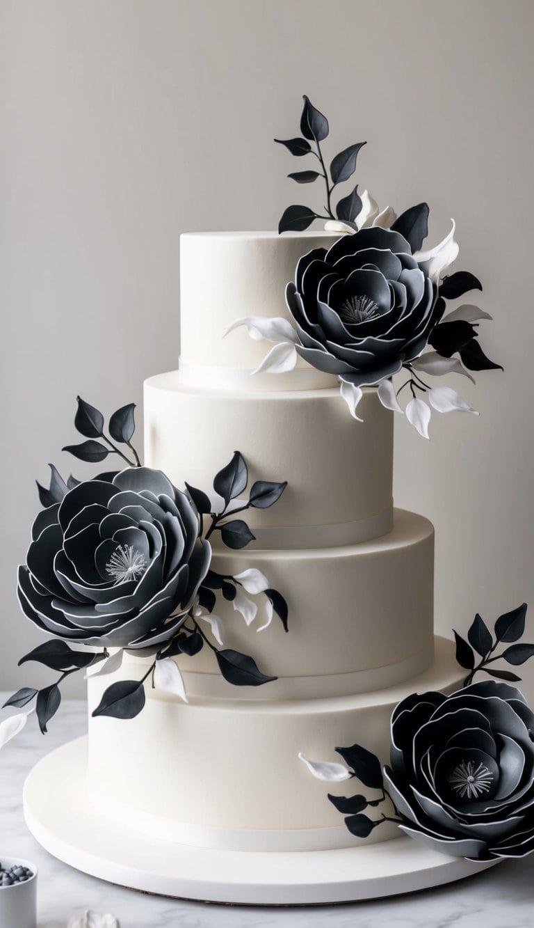 A sleek, modern cake adorned with intricate black and white sugar flowers, creating a timeless and sophisticated design