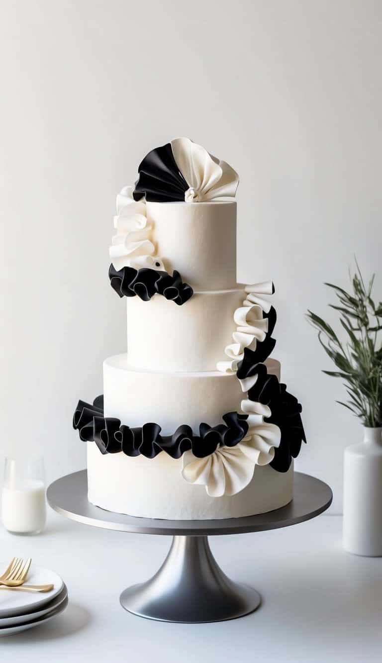 A three-tiered cake decorated with distinctive black and white ruffles, standing on a sleek, modern cake stand