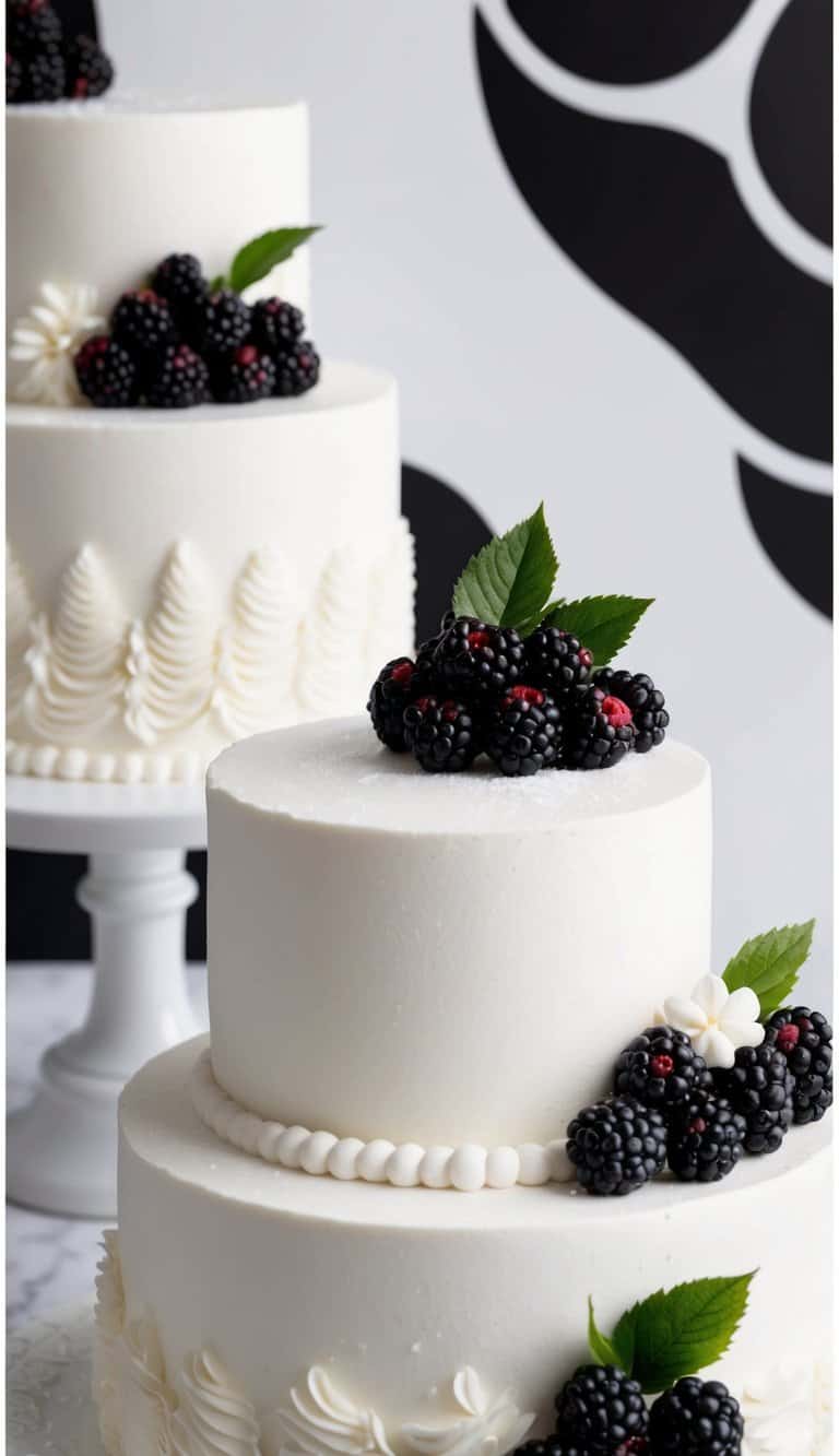 A snowy white cake topped with vibrant blackberries, set against a backdrop of elegant black and white cake decorations