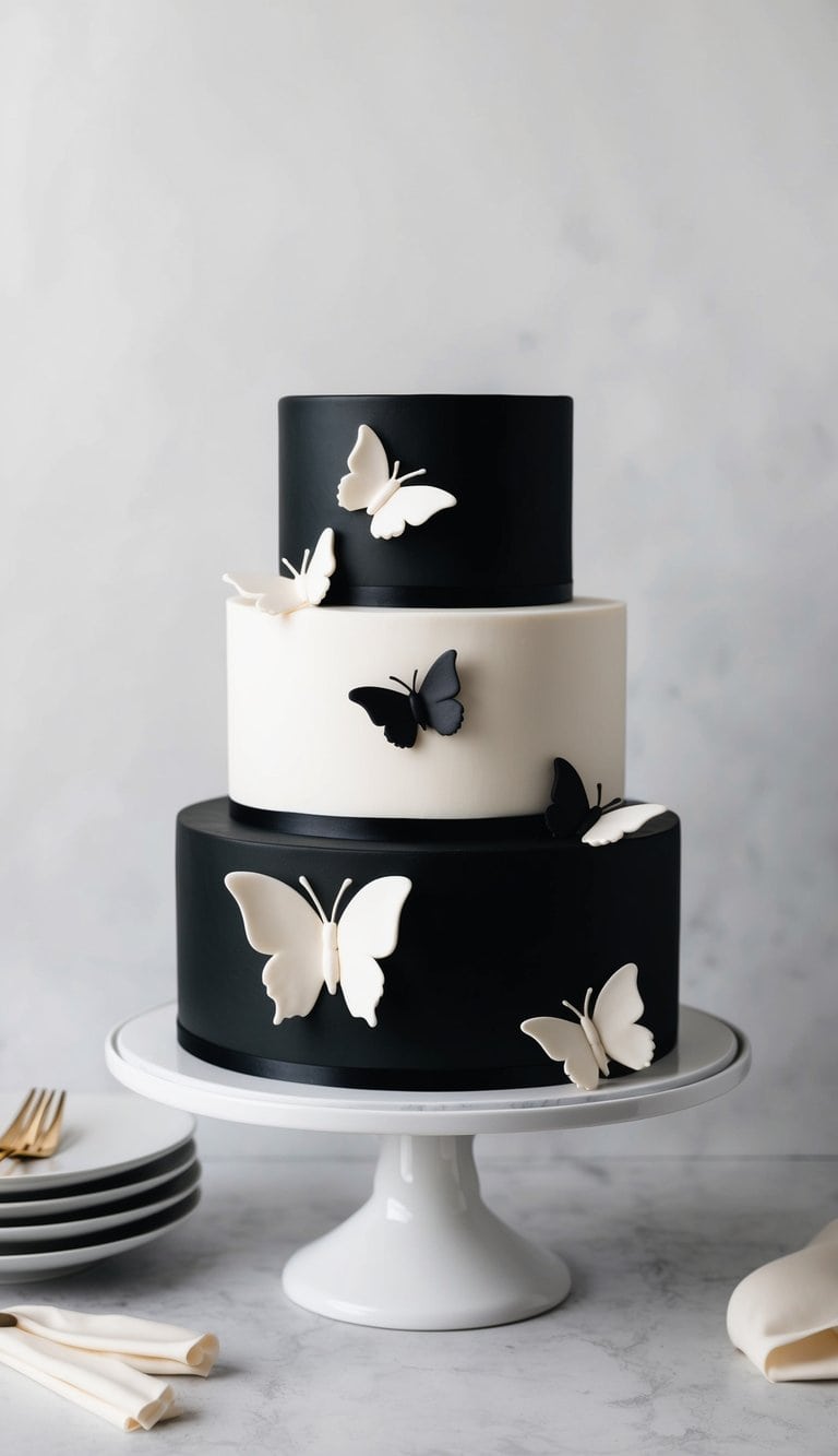 A black and white cake adorned with simple butterfly accents