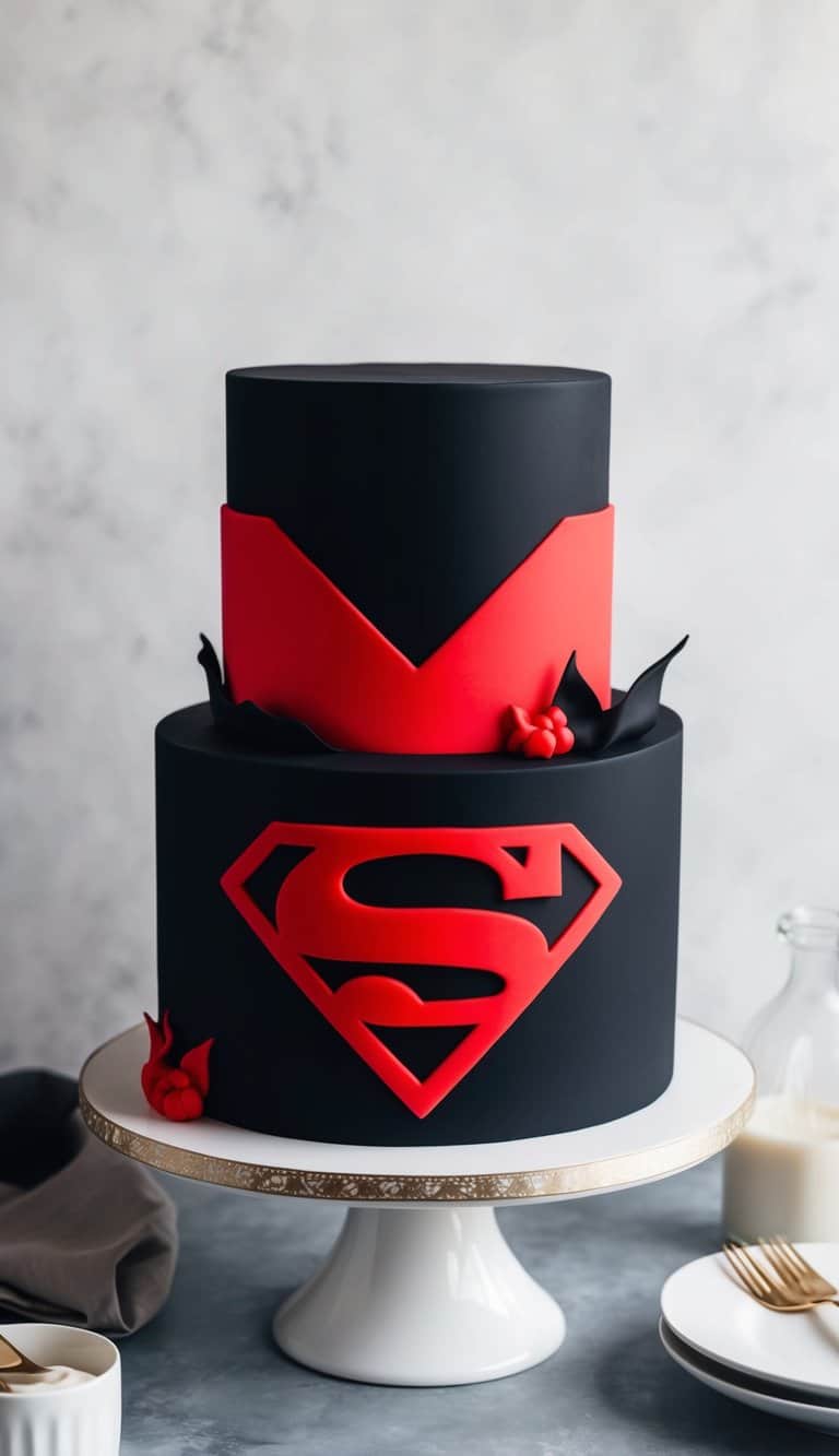 A black and red superhero logo decor on a bold cake design