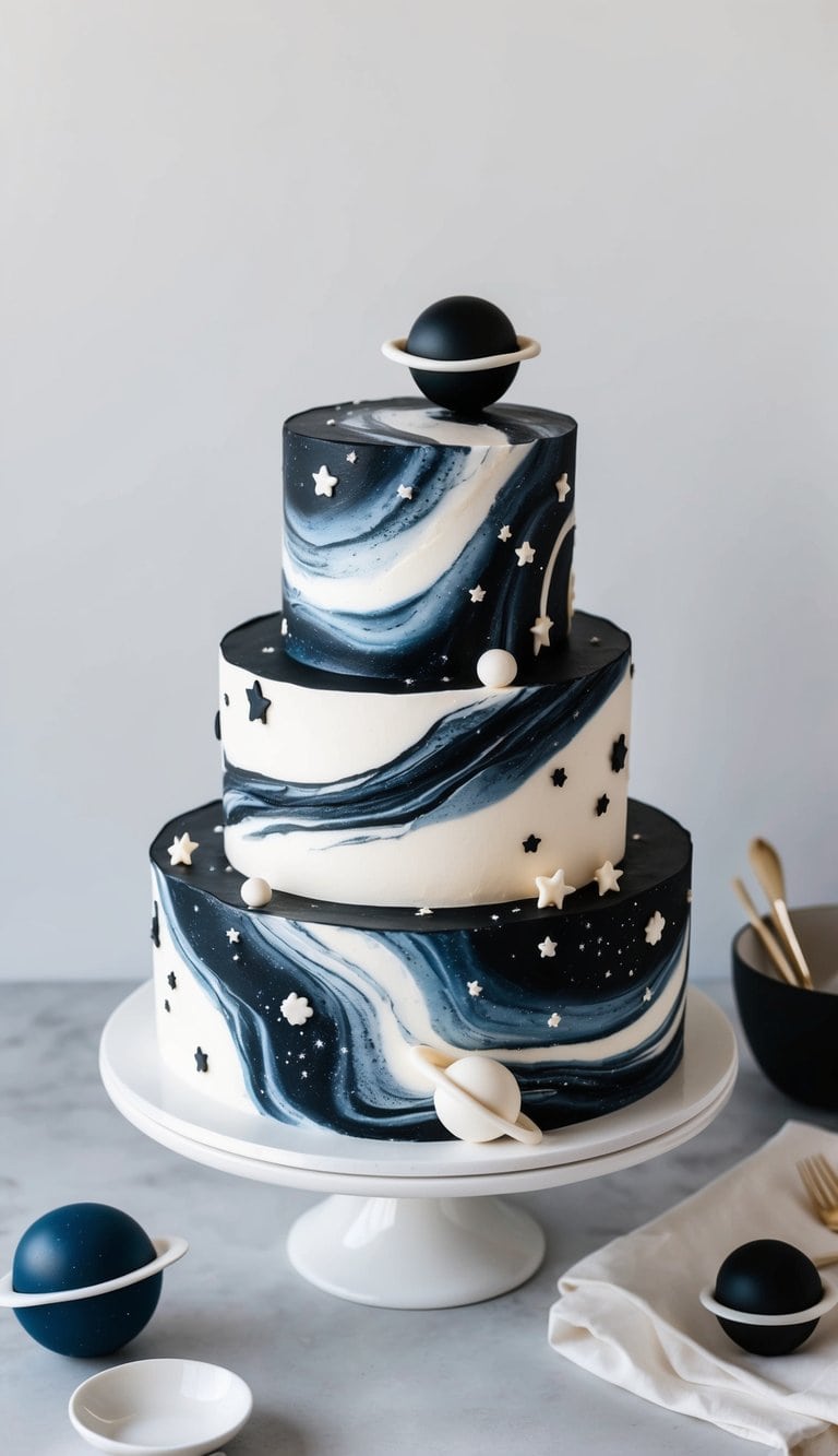 A swirling galaxy of black and white patterns, with stars and planets scattered throughout