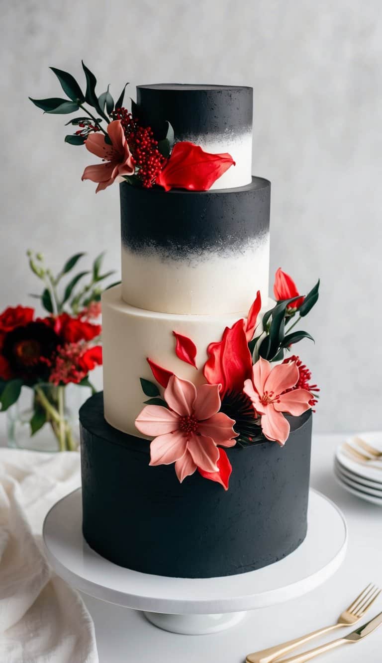 A floral black buttercream cake with red highlights