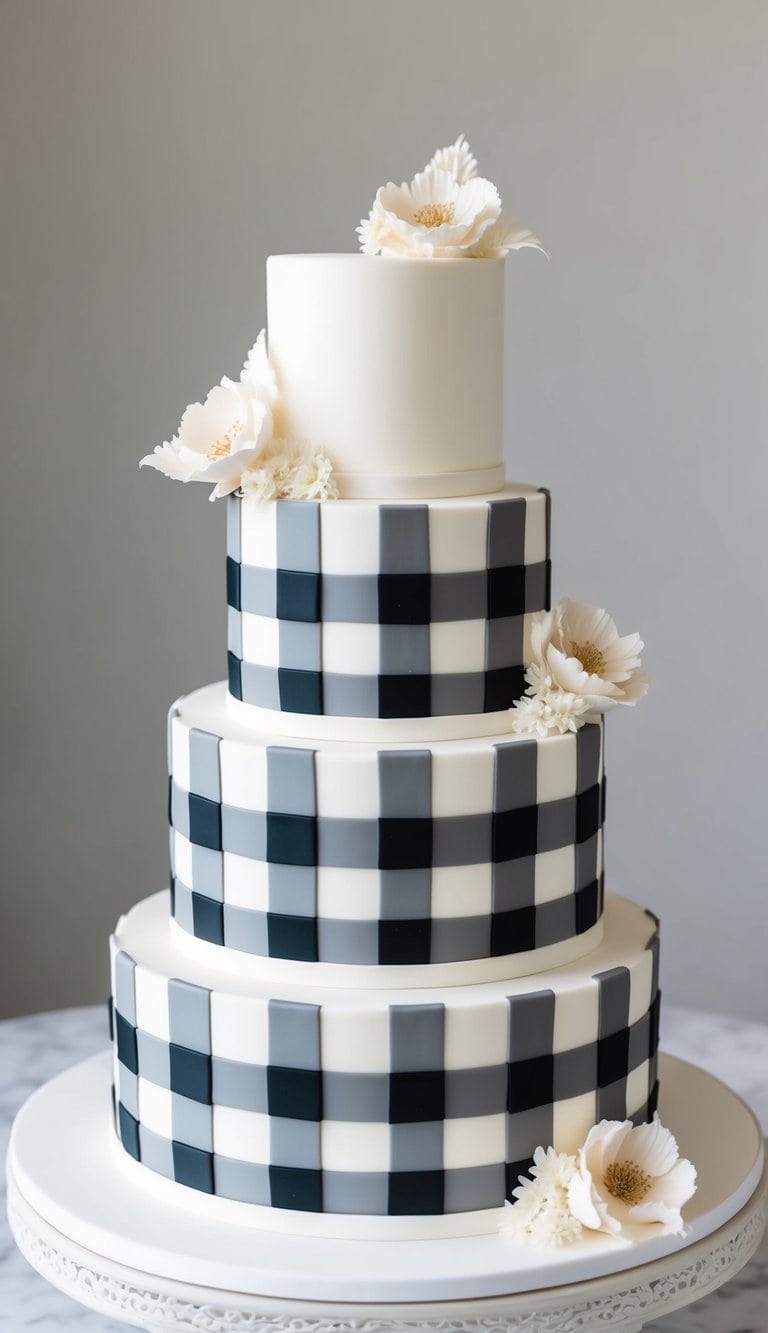 A plaid pattern fondant cake with alternating black and white squares, adorned with elegant and timeless decorations