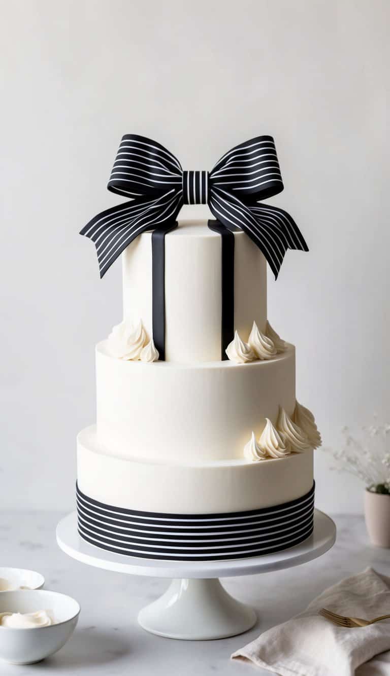 A black and white striped bow sits atop a sleek, elegant cake