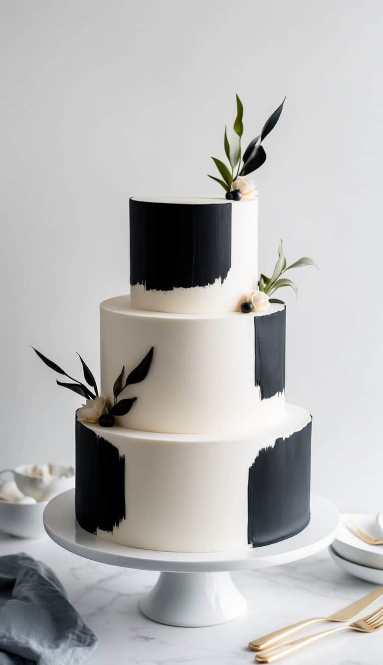 A sleek, modern cake adorned with bold black brushstrokes against a clean white background
