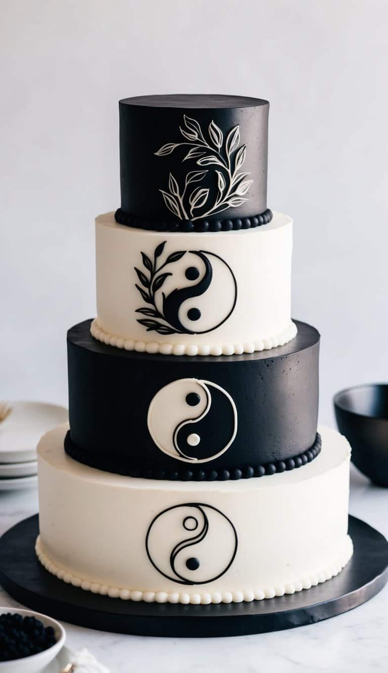 A tiered cake with alternating black and white layers, adorned with intricate yin and yang designs in frosting