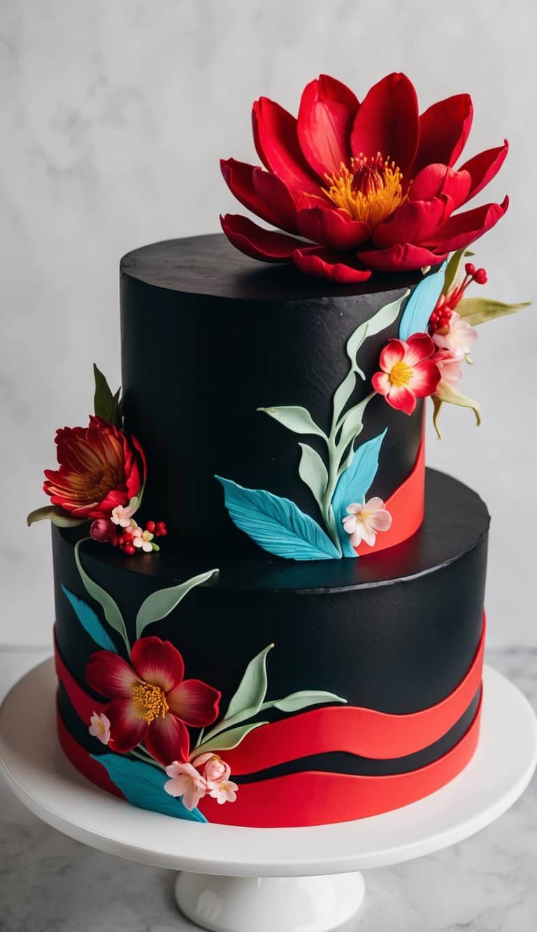 A red blooming flower sits atop a bold black and red cake, surrounded by vibrant floral accents and swirling patterns