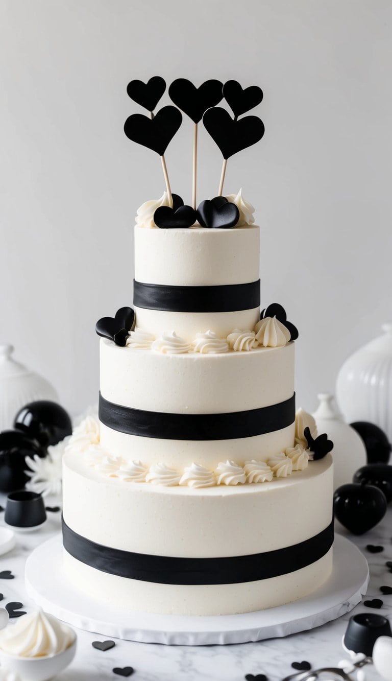 A tiered cake adorned with monochrome heart toppers, surrounded by elegant black and white decor
