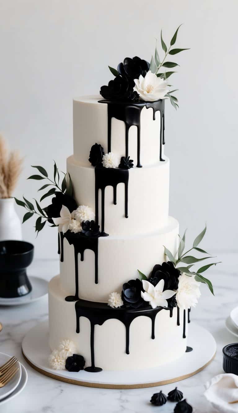 A white frosted cake with black drips cascading down the sides, adorned with elegant black and white cake decorations