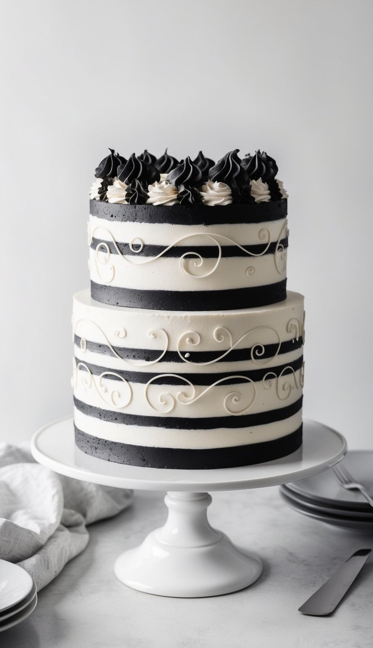 A layered crepe cake in black and white, adorned with elegant swirls and patterns, sits on a pristine white cake stand