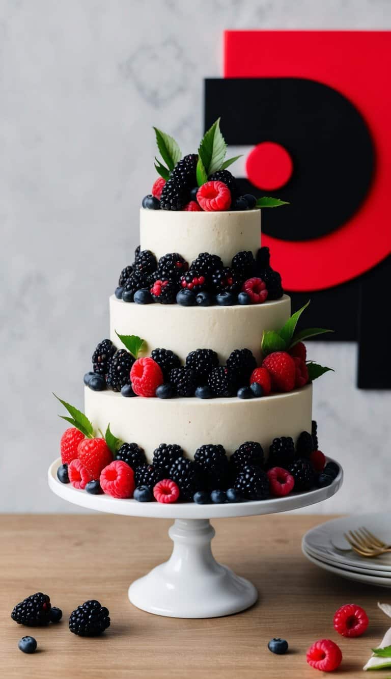 A vibrant cake adorned with blackberries and raspberries, set against a backdrop of bold red and black accents