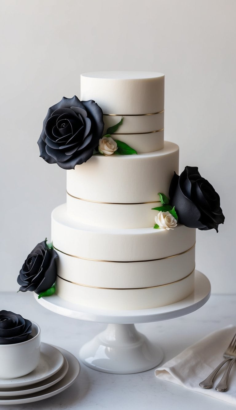 A white cake adorned with black buttercream roses