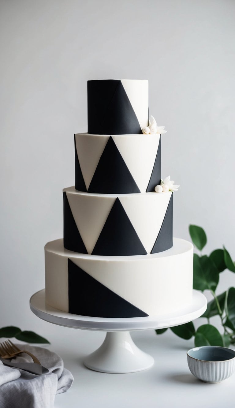 A three-tiered cake with sharp black and white triangular layers, creating a timeless and sophisticated design