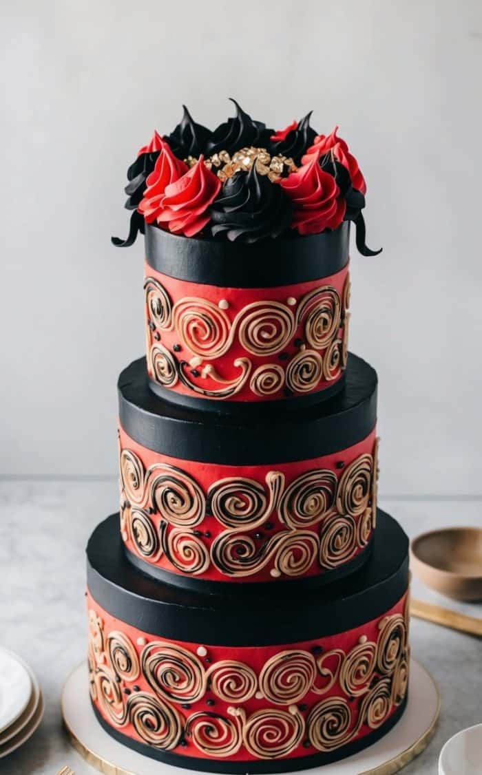 A three-tiered cake decorated with black and red frosting, intricate gold swirl patterns, and topped with black and red rosettes and gold accents, displayed on a white platter with plates and utensils nearby.