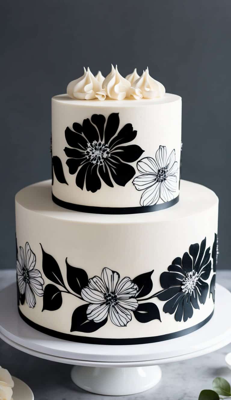A tiered cake adorned with bold black and white floral patterns, creating a timeless and sophisticated contrast