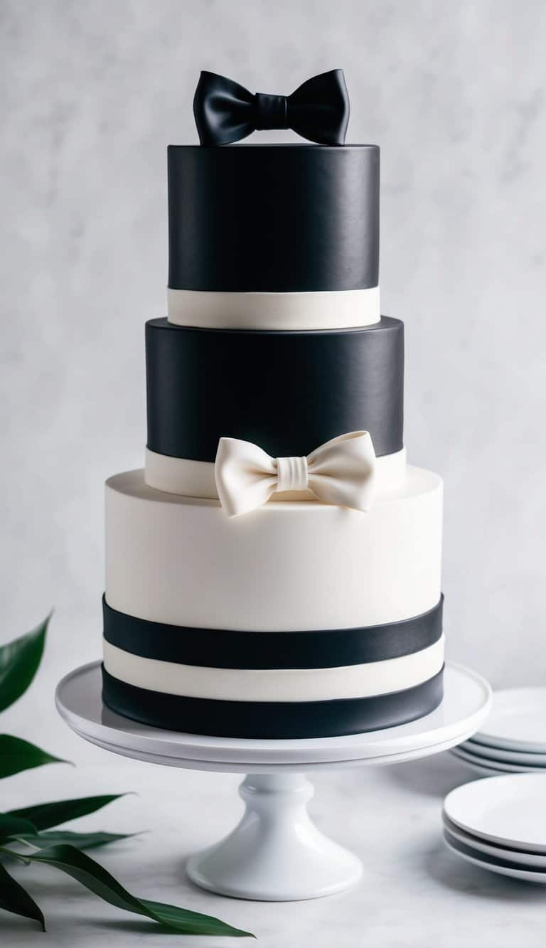 A black and white cake adorned with a stylish bow tie design, exuding a timeless and sophisticated aesthetic