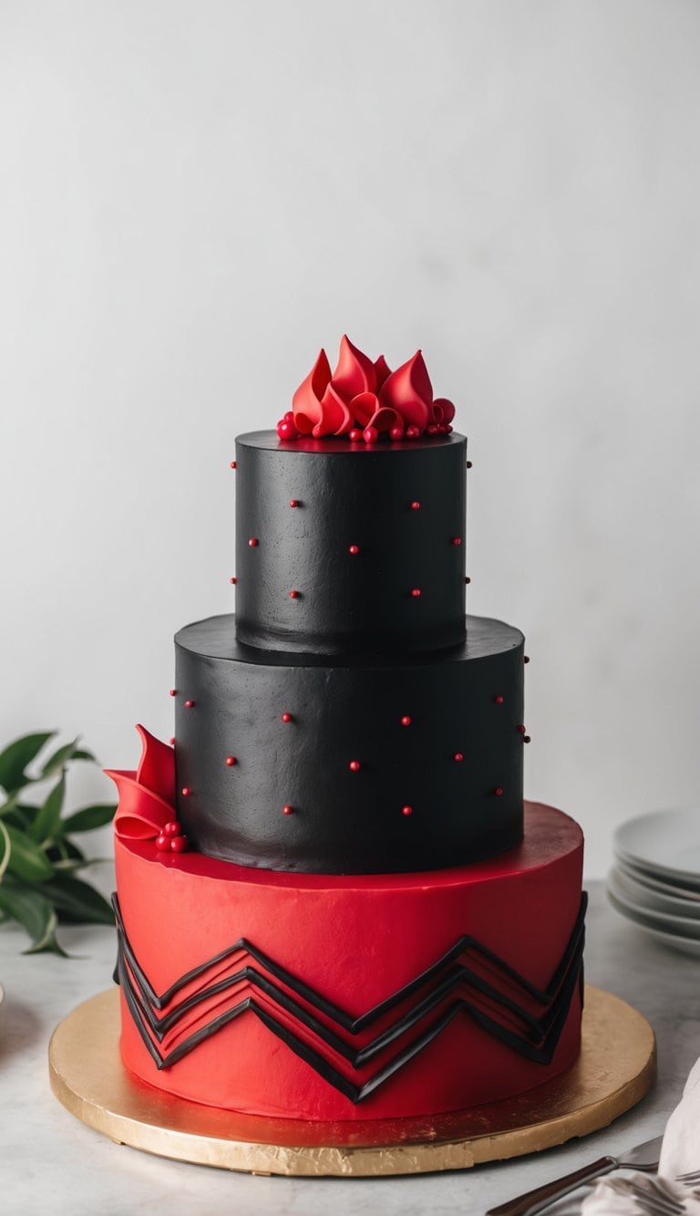 A black and red cake adorned with red edible pearls in a striking design