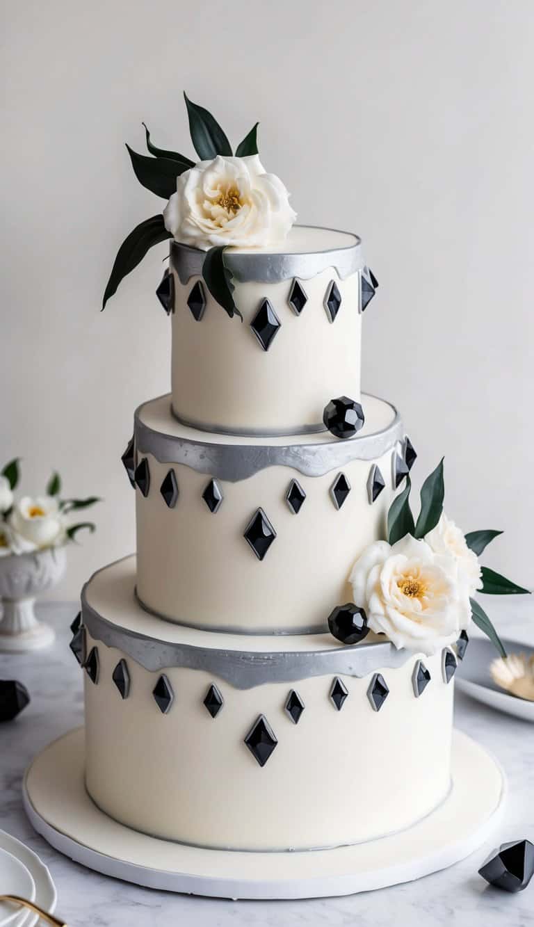 Silvery white cake adorned with crystalline black gems, elegant and timeless