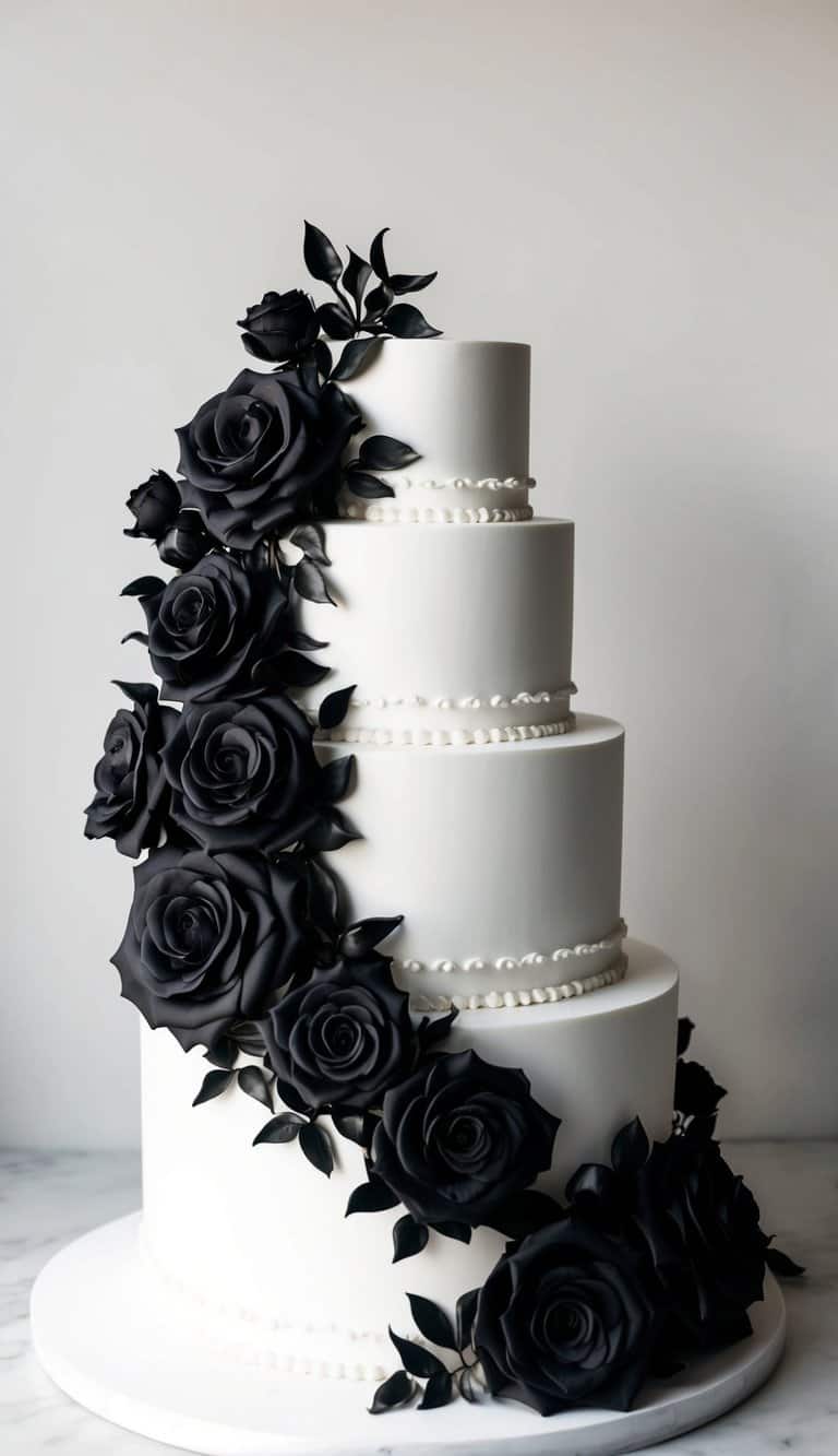 Opulent black roses cascading down a pristine white cake, creating a timeless and sophisticated black and white design