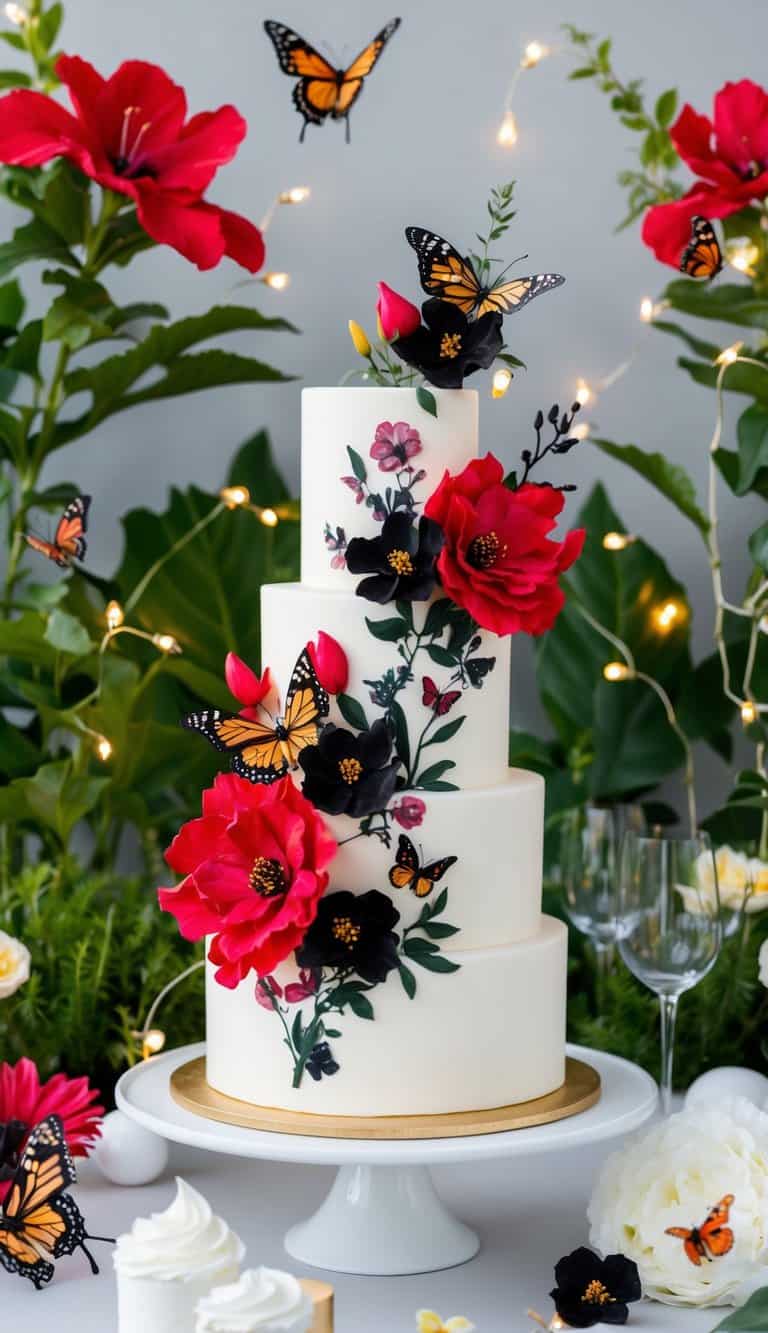 A lush garden with vibrant red and black flowers, surrounded by whimsical butterflies and twinkling fairy lights
