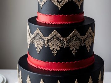 A three-tiered black cake decorated with intricate gold lace-like designs and red ribbon borders, displayed on a white cake stand against a neutral background.