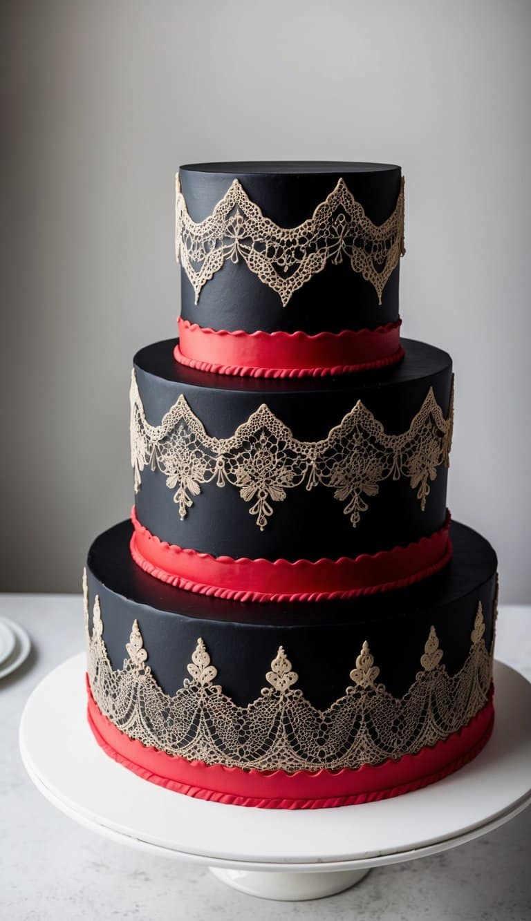 A black and red cake adorned with antique lace patterns, creating a striking and elegant design