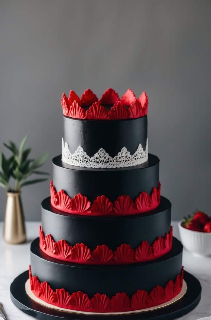 A four-tiered cake decorated with black icing, red frosting accents, and a delicate white lace design. The top tier is crowned with red frosting peaks. The cake is displayed on a white surface with a plant and bowl of strawberries nearby.
