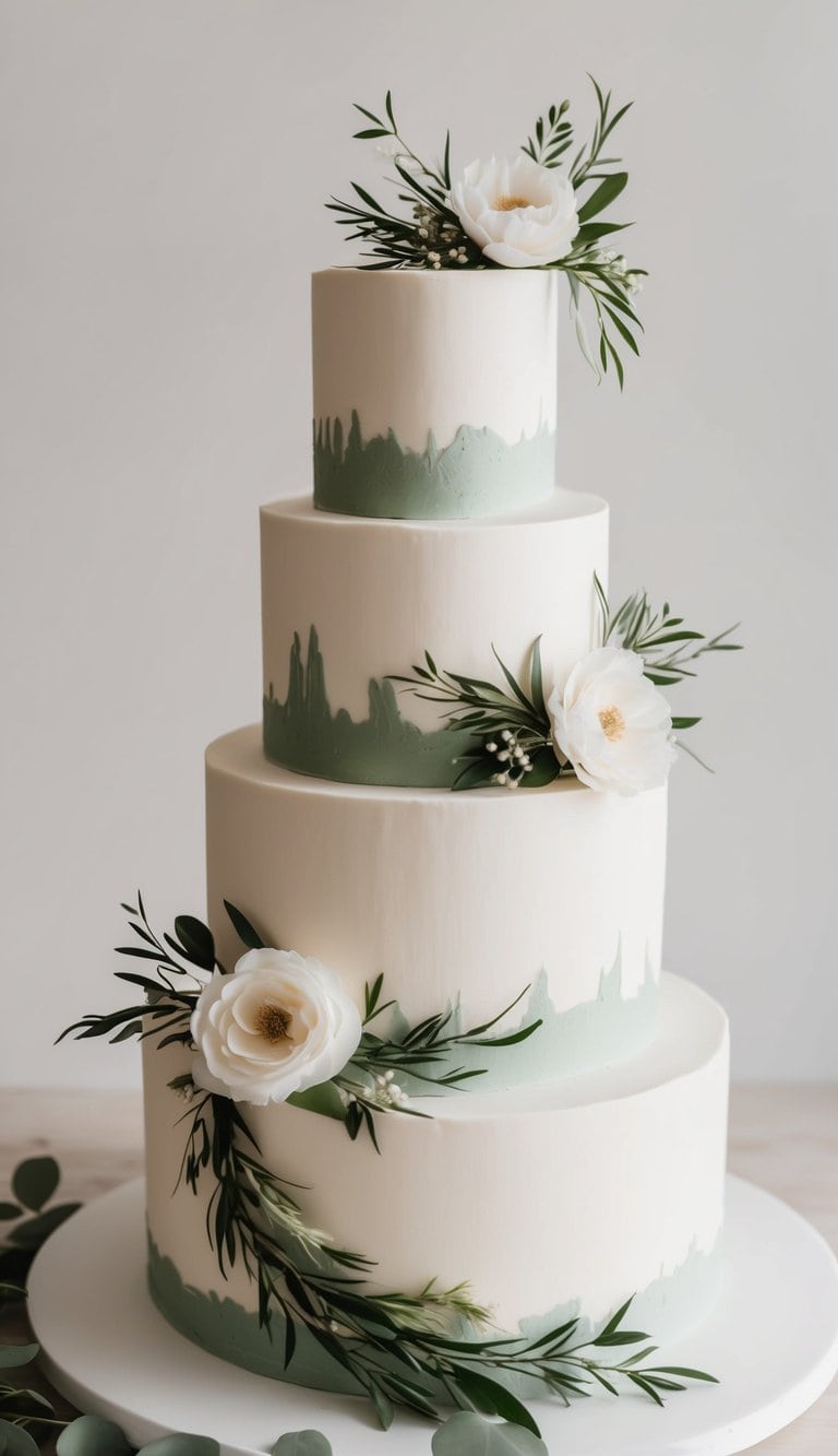 A tiered wedding cake adorned with minimalistic greenery wreaths and elegant floral designs