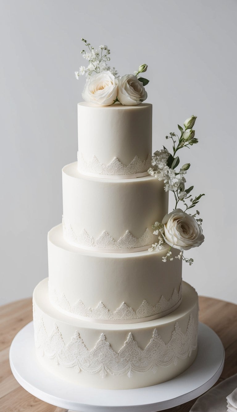 A three-tiered wedding cake adorned with delicate edible lace edging and intricate floral details