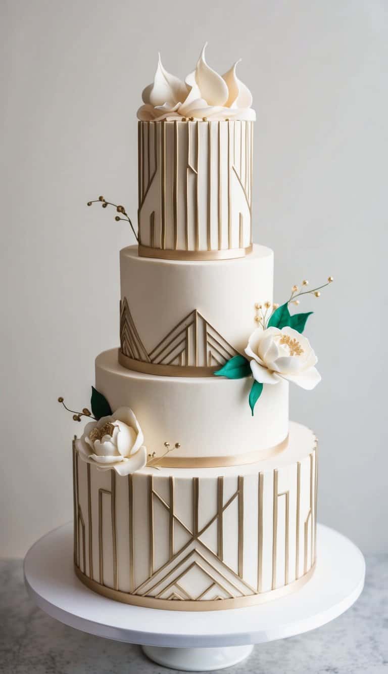 An Art Deco-inspired cake adorned with geometric patterns and elegant details, celebrating a bride-to-be