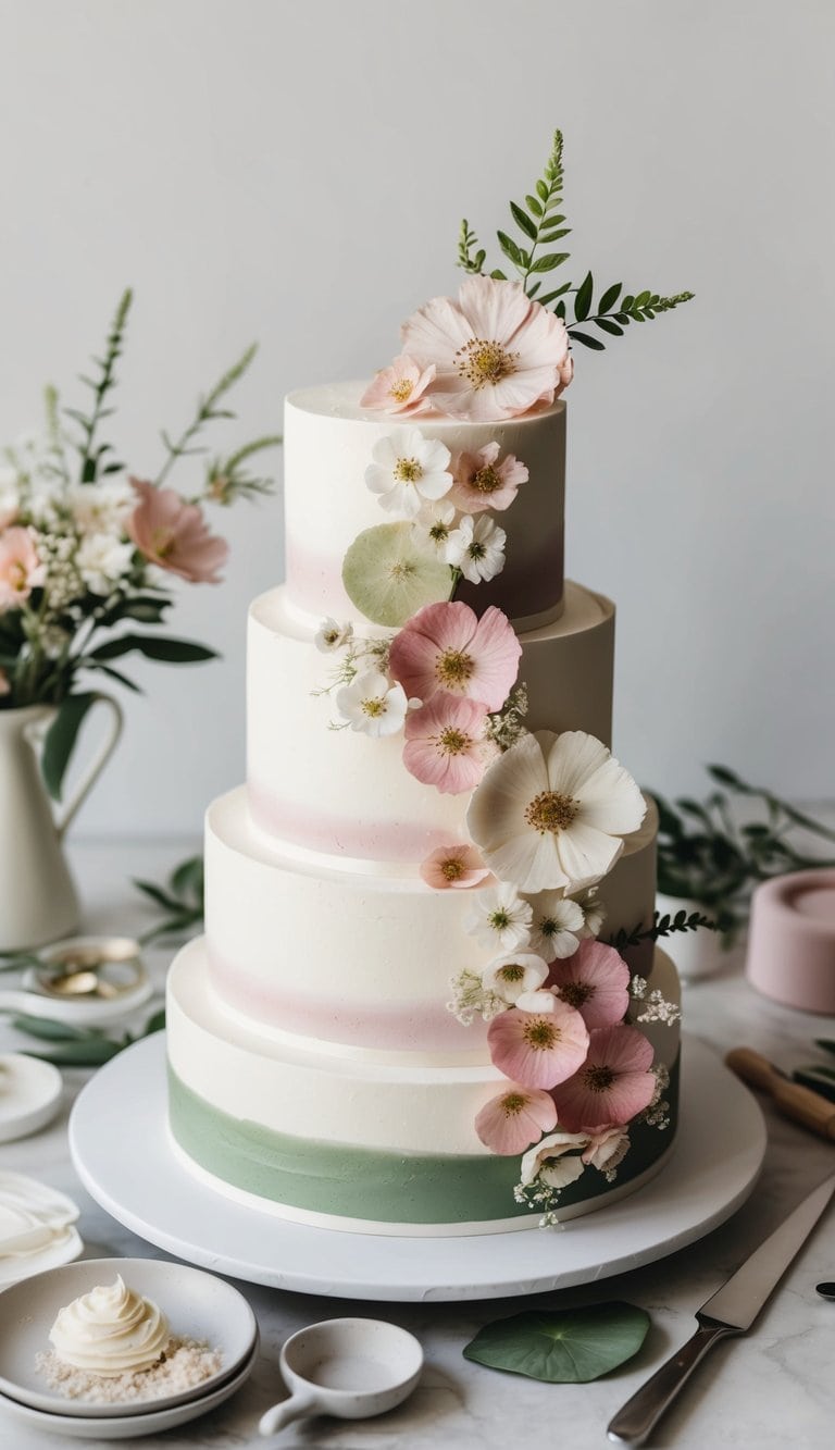A tiered wedding cake adorned with delicate pressed flowers in shades of pink, white, and green, surrounded by elegant cake decorating tools and materials