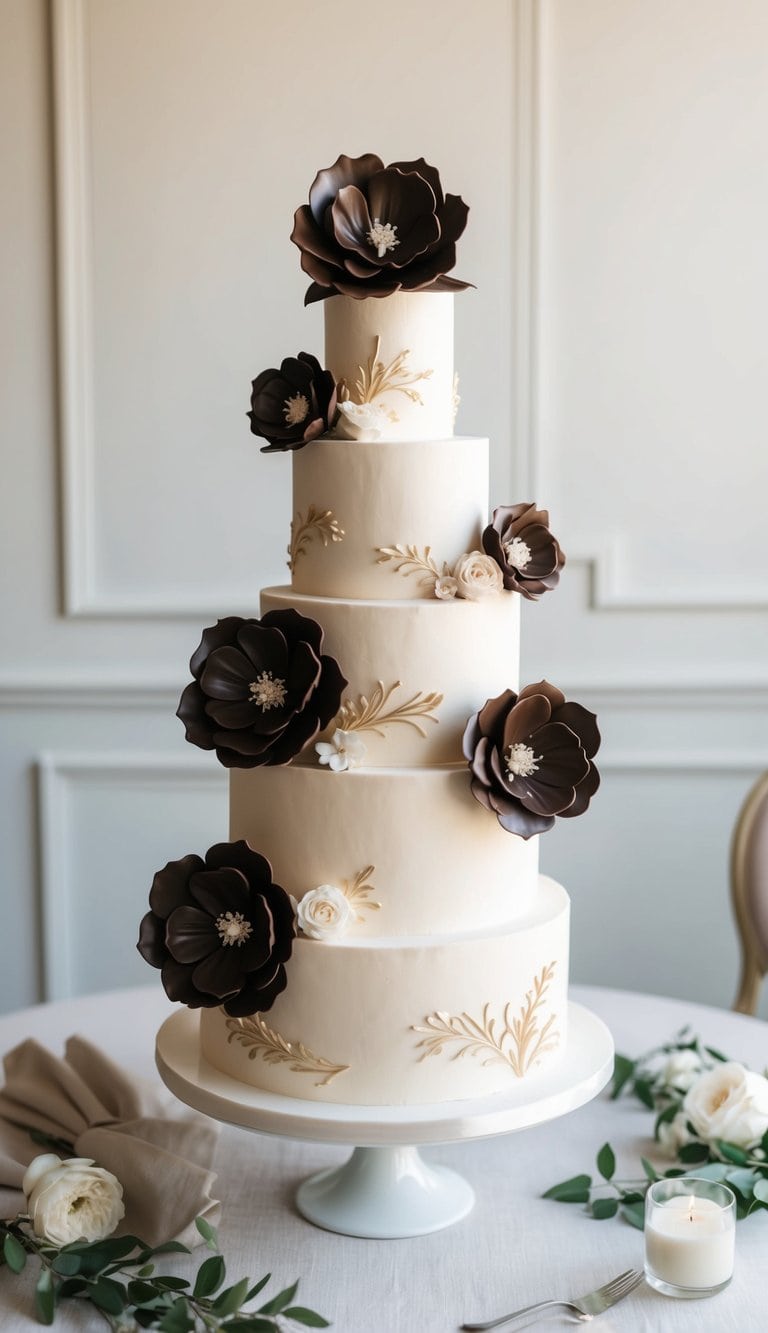 A tiered wedding cake adorned with sculpted chocolate flowers in a elegant, romantic setting