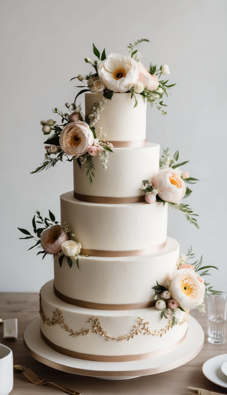A tiered wedding cake adorned with seasonal blooms and elegant decorations