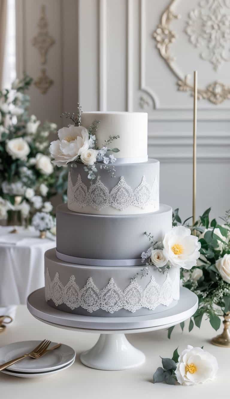 A tiered monochrome palette cake adorned with delicate floral decorations and intricate lace patterns, set against a backdrop of elegant bride-themed decor