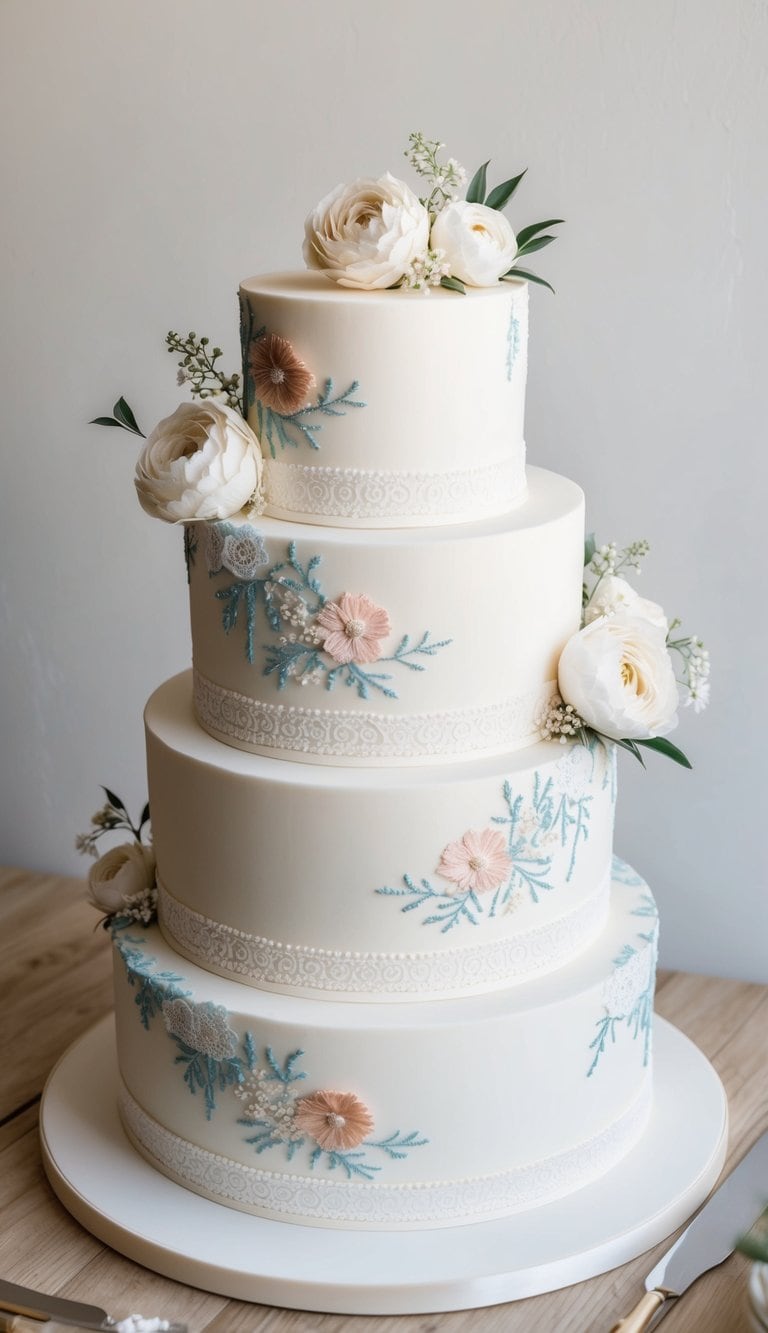 A tiered wedding cake adorned with delicate brushed embroidery designs in soft pastel colors, accented with intricate floral and lace details