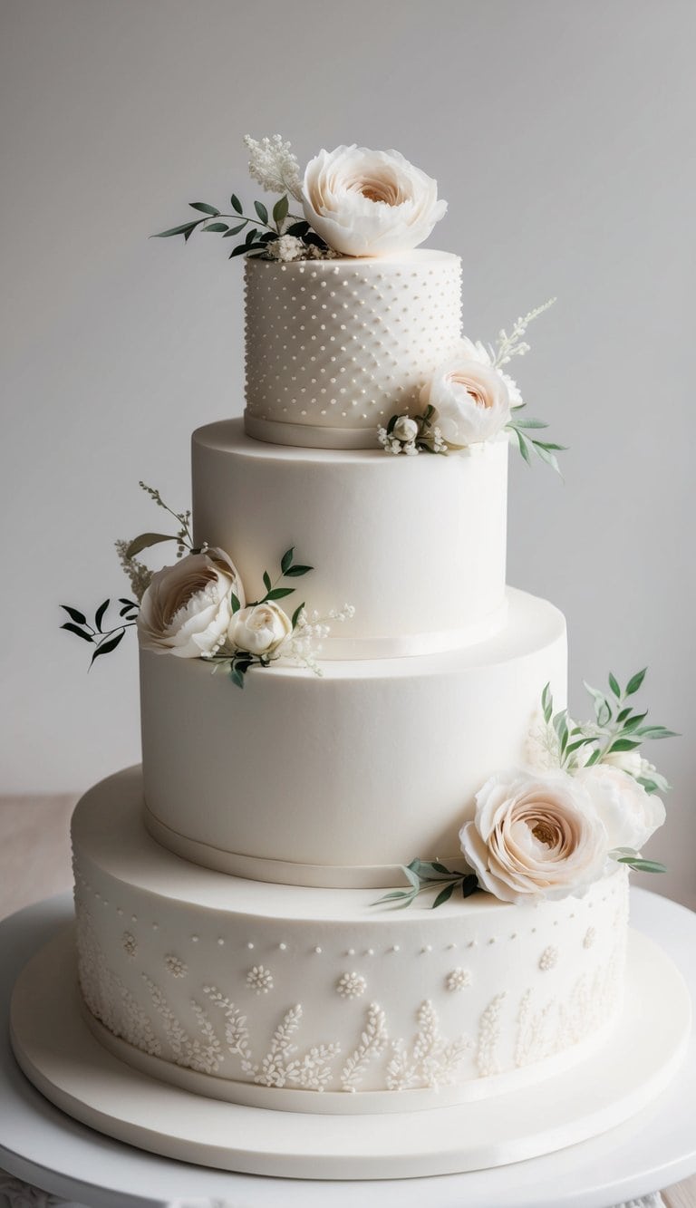 A tiered wedding cake adorned with delicate Swiss dot patterns and intricate floral details