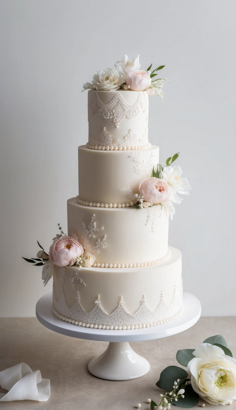 An elegant three-tiered cake adorned with delicate lace, pearls, and floral accents, celebrating the essence of brides-to-be