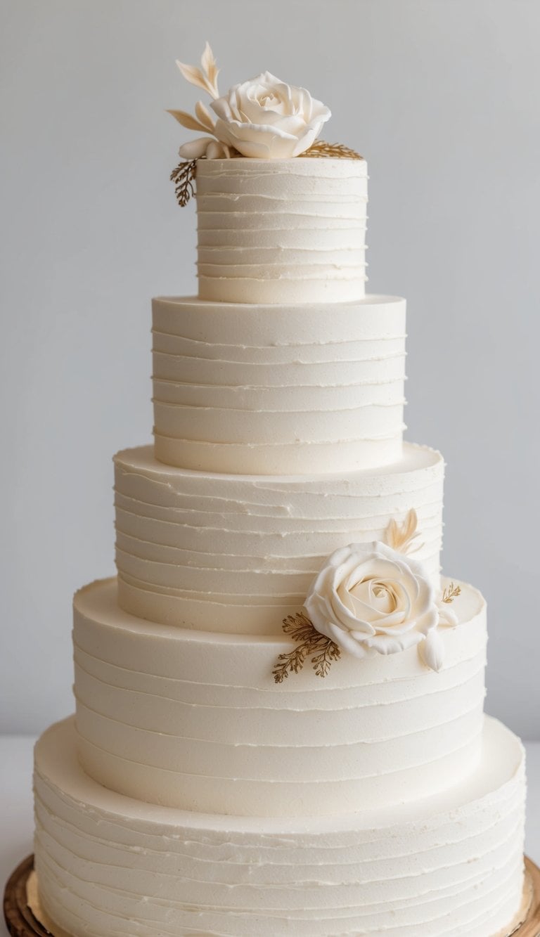 A multi-tiered wedding cake with textured buttercream layers and elegant decorations