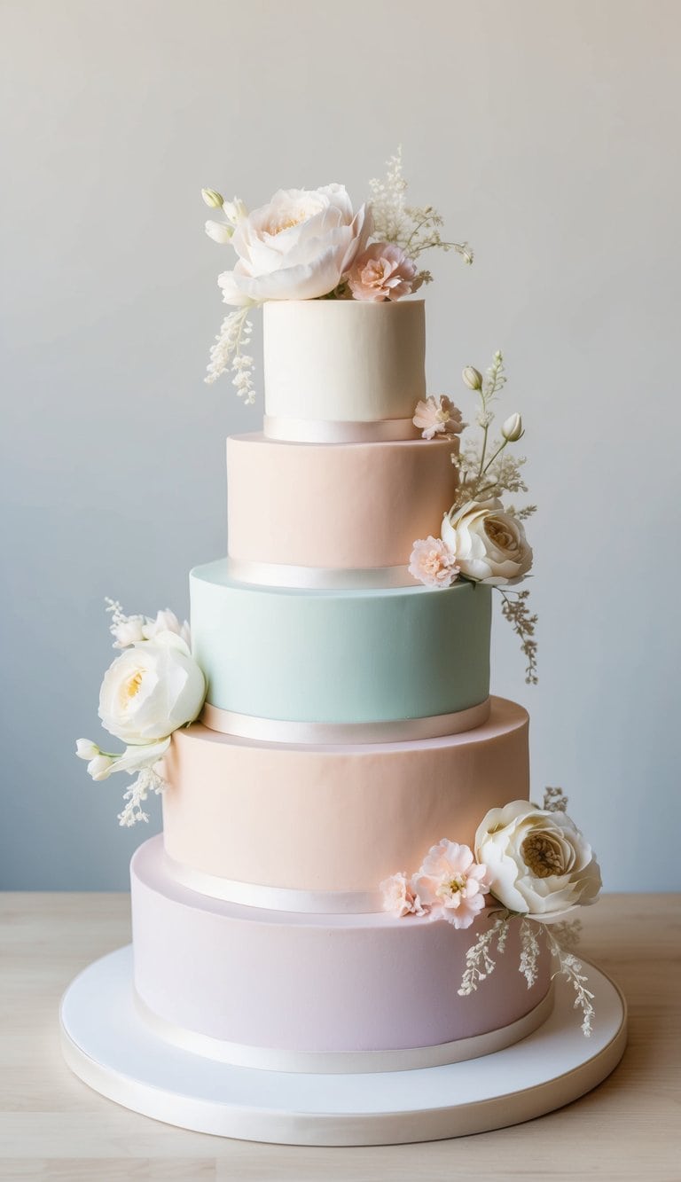 A three-tiered wedding cake with pastel colored icing and intricate floral decorations