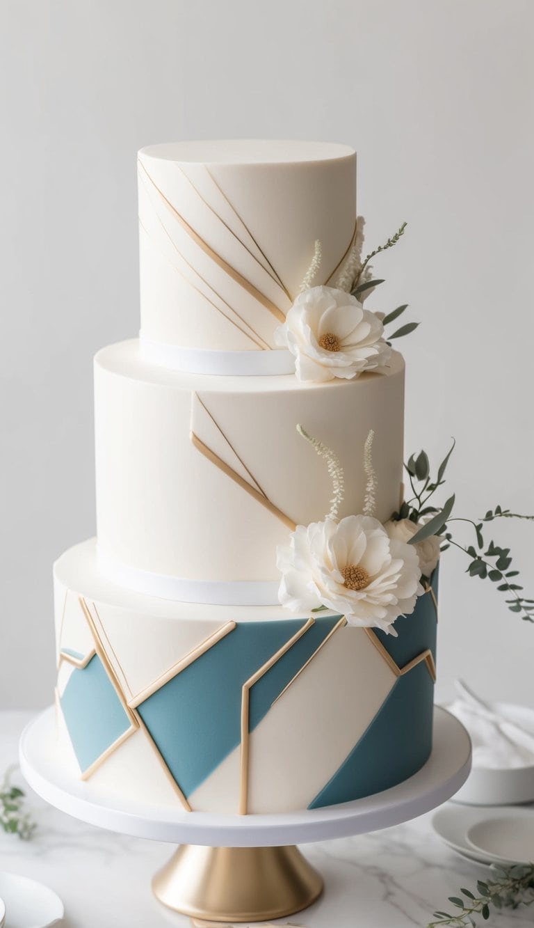 A three-tiered wedding cake adorned with modern geometric shapes and elegant designs, celebrating brides-to-be