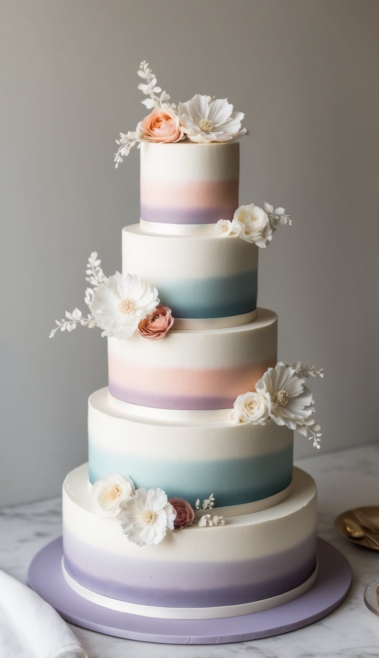 A tiered wedding cake adorned with ombré color scheme and elegant floral decorations