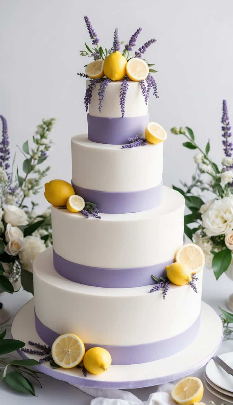 A tiered wedding cake adorned with lavender and lemon decorations, surrounded by delicate floral arrangements and elegant decor