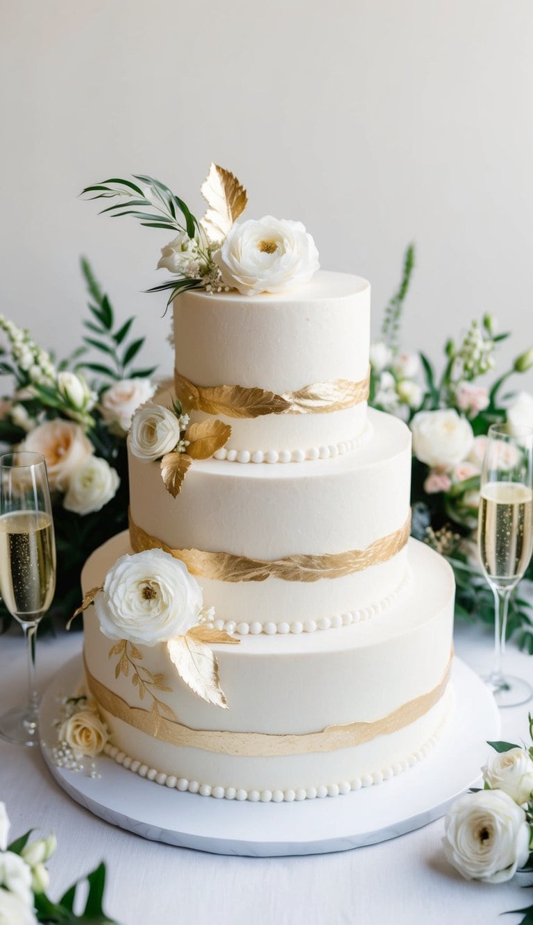 A three-tiered wedding cake adorned with delicate edible gold leaf accents, surrounded by floral arrangements and sparkling champagne glasses