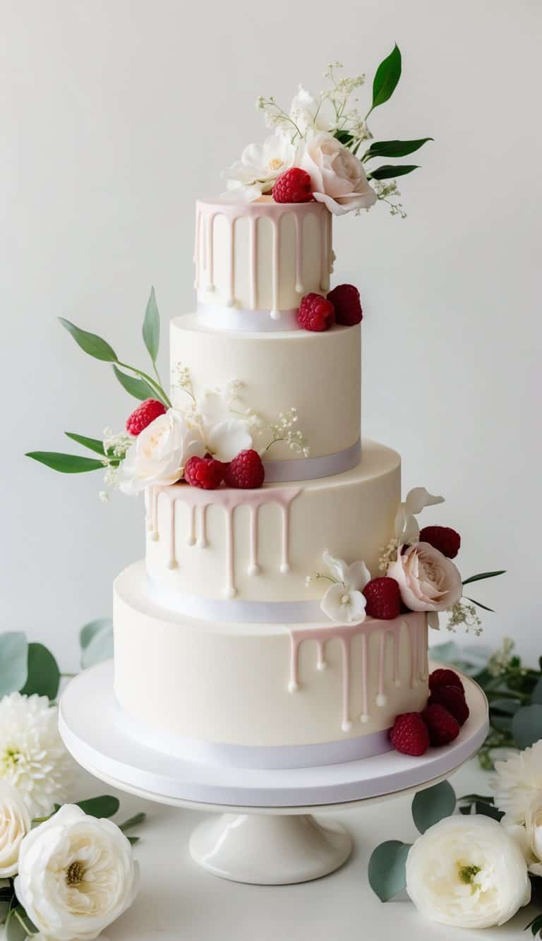 A tiered wedding cake adorned with raspberry and white chocolate accents, surrounded by floral decorations and elegant details