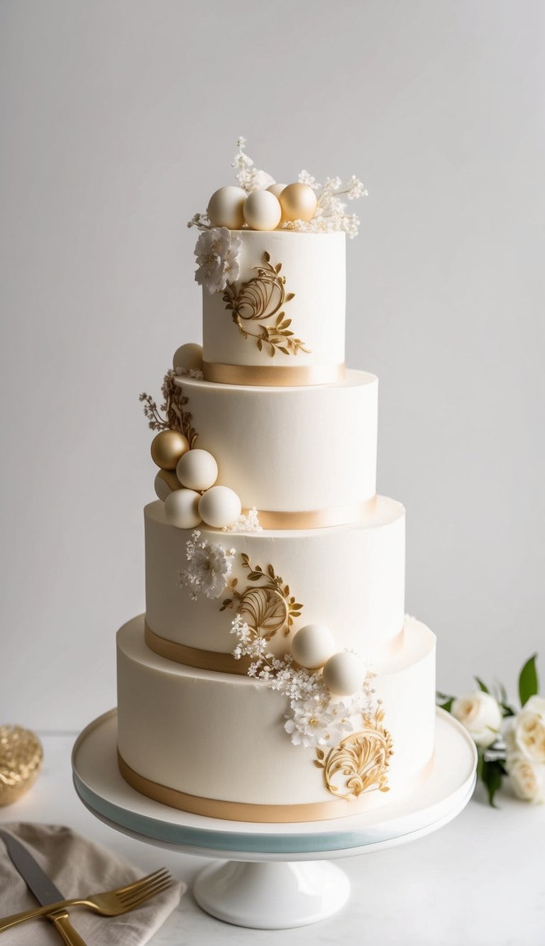 An elegant wedding cake adorned with bonbon decorations and intricate designs to celebrate the bride-to-be