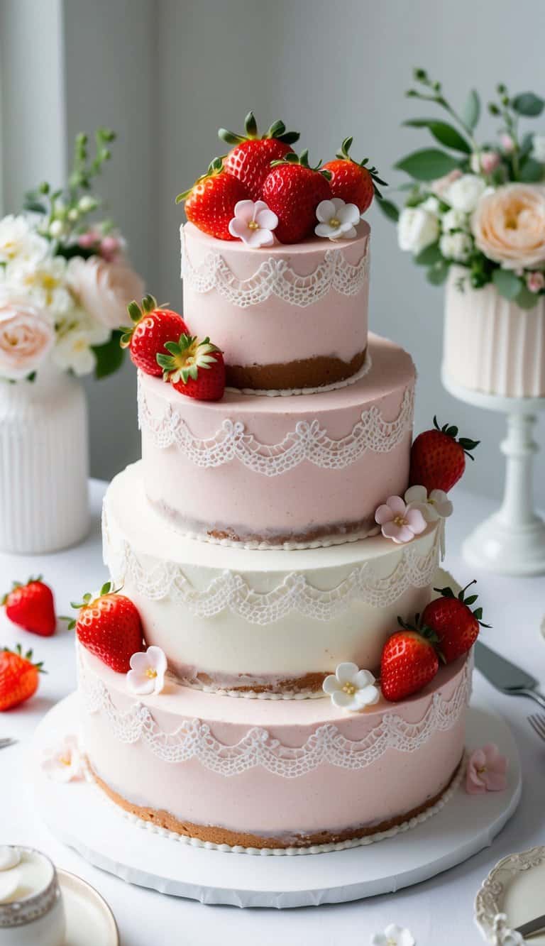 A three-tiered strawberry shortcake adorned with delicate fondant flowers and intricate lace piping, surrounded by bridal-themed decor