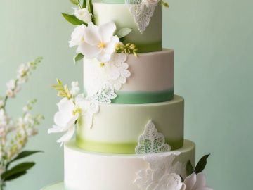 A four-tiered cake with a gradient of green to white frosting, adorned with white flowers and lace-like decorations. It sits on a white cake stand, surrounded by plates, forks, and whole limes. The background is a soft green.