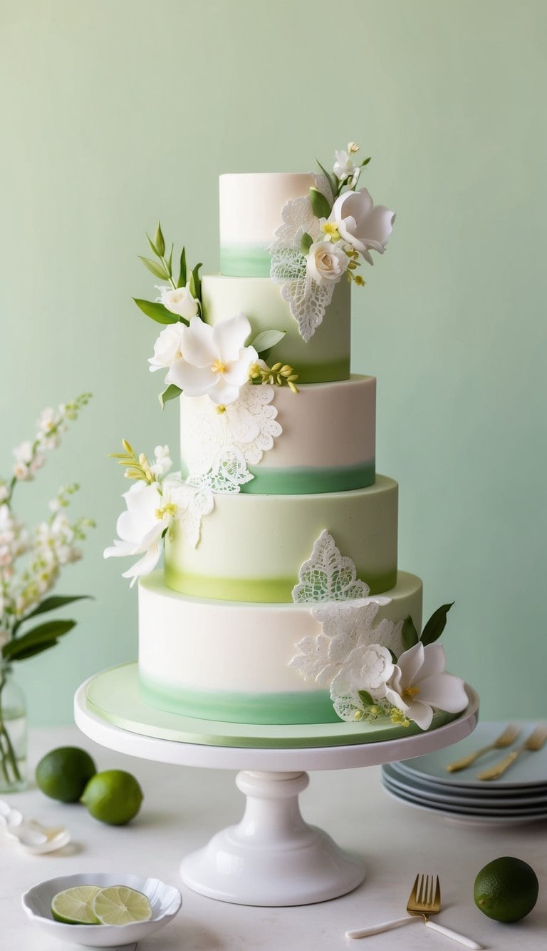 A coconut lime fusion bride cake adorned with elegant floral and lace designs, set against a soft pastel backdrop